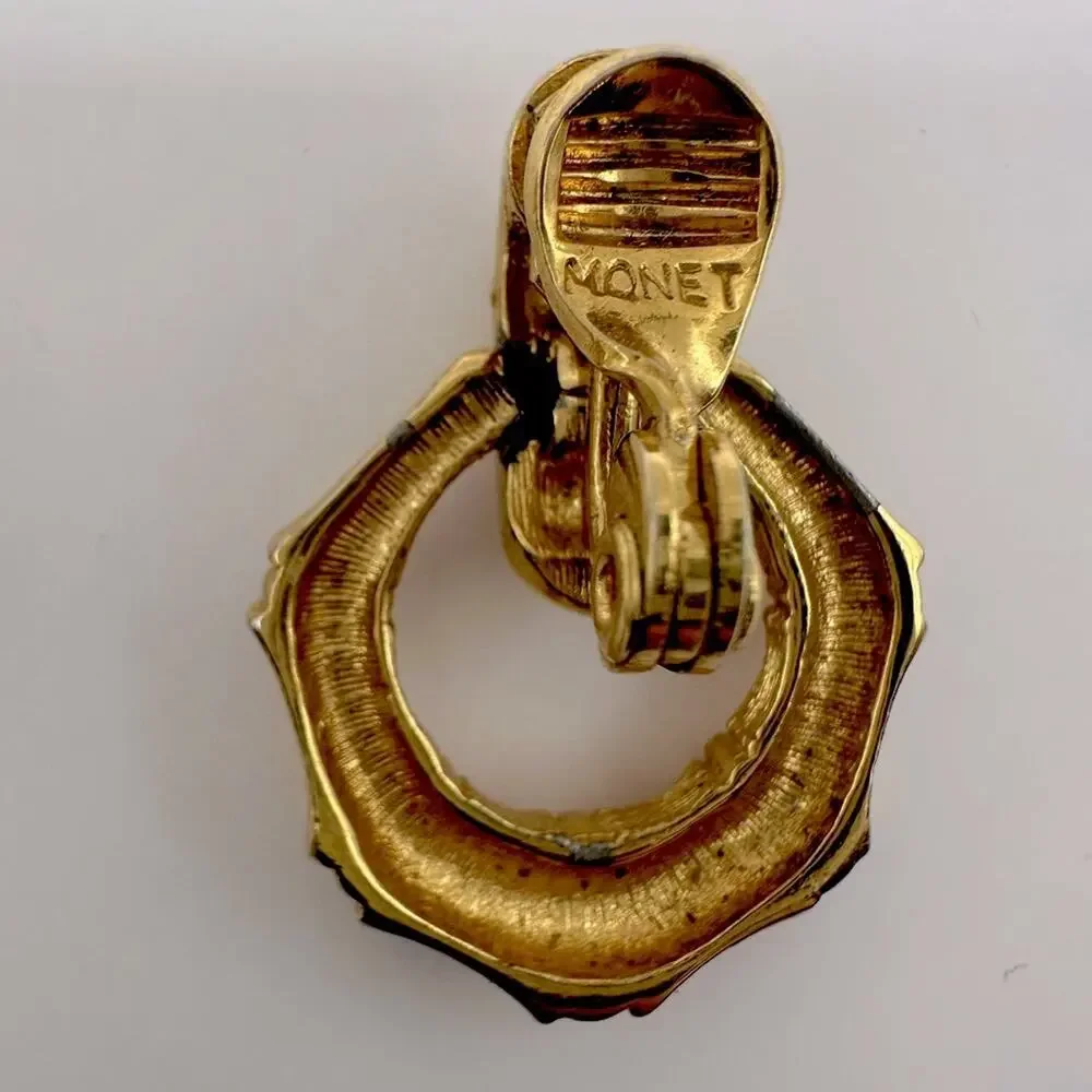 Vintage Monet Earrings Door Knocker Bamboo Earrings Clip On VTG 80s Gold tone